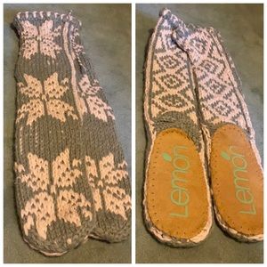 Lemon Knitted High Tall Pink Gray Slipper Socks Snowflake Holiday Festive Winter